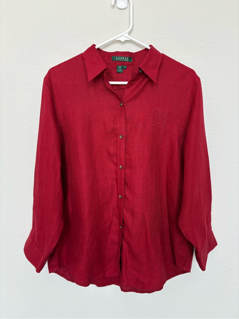 Lauren Ralph Lauren Linen Embroidered Monogram Logo Button Up Shirt Large Red